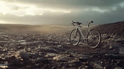 Obraz premium A sleek gravel bike with a titanium frame, resting on a rocky landscape.