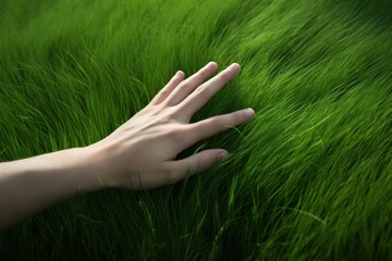 Grass green hand touching.