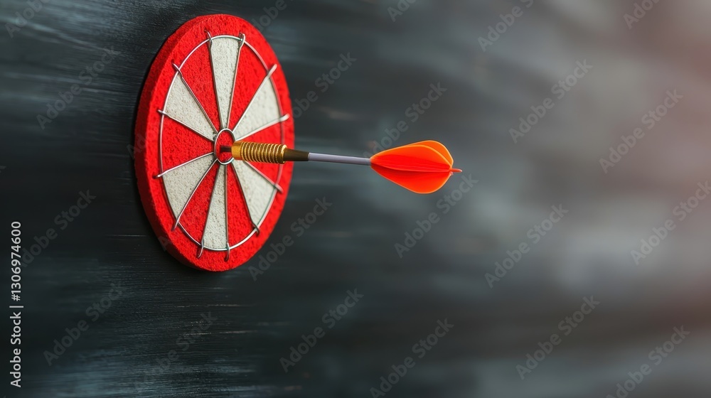 Poster dart hitting target on a dartboard with red and white segments in a dark atmosphere for focus and pr