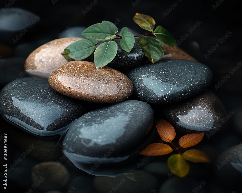 Poster smooth, wet stones arranged in a pile, adorned with green and orange leaves, creating a serene and b