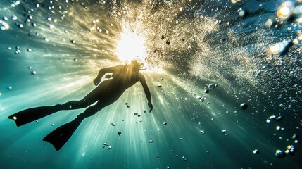 A solo diver gliding through a tranquil sea, surrounded by tiny bubbles and dancing beams of light.