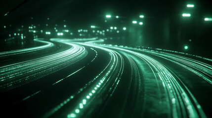 Abstract image of glowing green lines curving on dark background, suggesting speed, movement, and technology, suitable for futuristic or digital concepts
