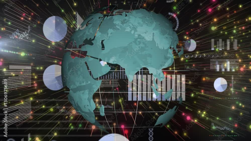 Poster Animation of globe with digital data and colorful lights, showing global connectivity