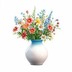 Realistic 3D Icon Cartoon of a Vase with a Mixture of Spring Flowers and Foliage isolated on clear white background