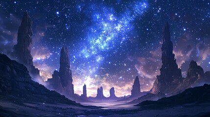 Dramatic landscape of rocky formations beneath a starry night sky