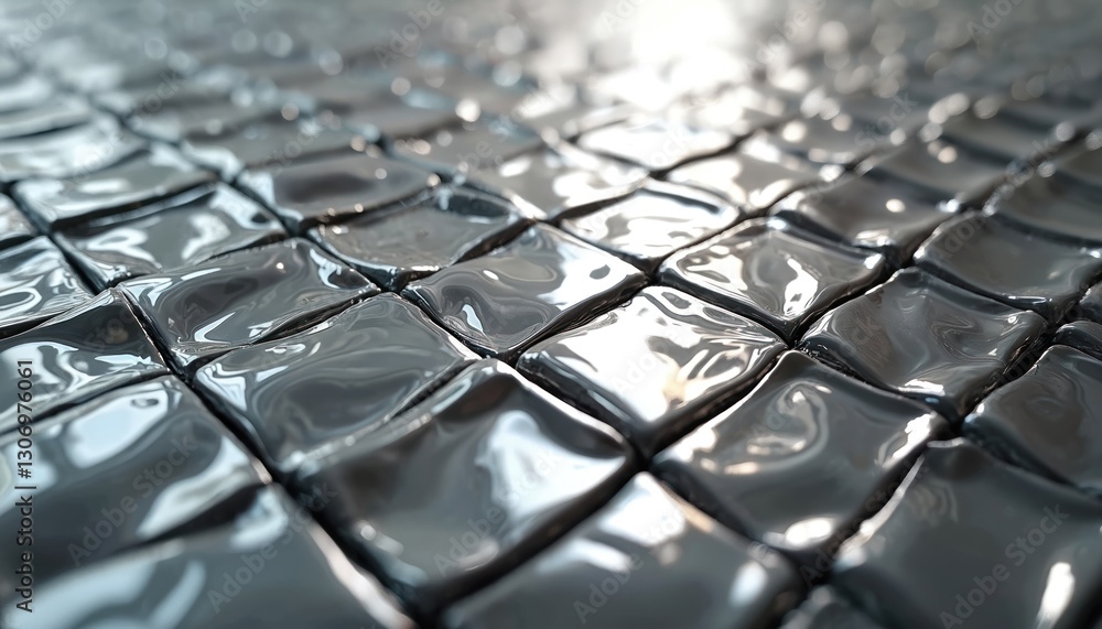 Poster reflective mosaic tiles form shiny metallic surface with intricate patterns, creating modern design.