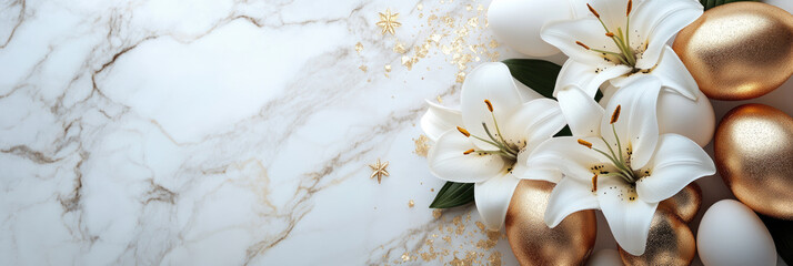 Elegant Easter banner with white lilies and golden eggs on a marble backdrop, featuring a spacious blank area for promotional text. Banner, copy space, flat lay, top view, mock up