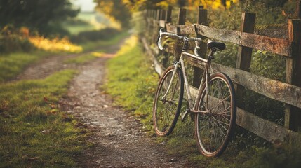 Fototapeta premium A stylish gravel bike leaning against a rustic wooden fence on a countryside road.