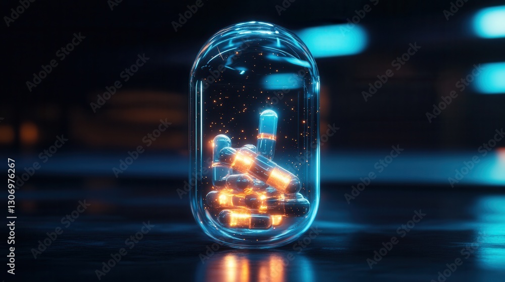Poster futuristic transparent pill bottle showcasing glowing capsules in a high tech cyberpunk design gener