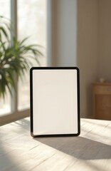 Tablet mockup with blank screen stands on table with linen tablecloth. Natural light from window. Gadget for presentations, app design showcase, website template, e-commerce shop advertising. Modern