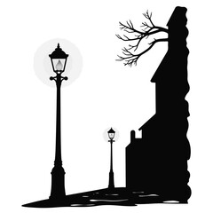 Silhouette of vintage street lamps in nighttime alley, atmospheric charm