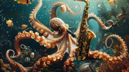 Obraz premium Octopus Saxophonist: An Underwater Jazz Symphony