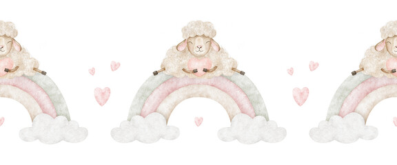 Sheep in love sleeping on rainbow, clouds, hearts. Watercolor nursery seamless border of cute dream lamb. Lane Background for Valentine's day, textile, linen, baby shower, anniversary