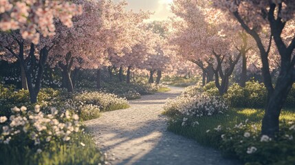 Naklejka premium A path winding through a park lined with blooming cherry trees, inviting and serene, ultra-detailed, 4k