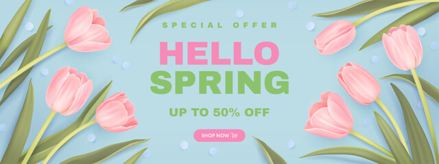 Hello spring sale banner design template with realistic 3d tulips on blue background. Discount shopping background. Special offer. Vector illustration