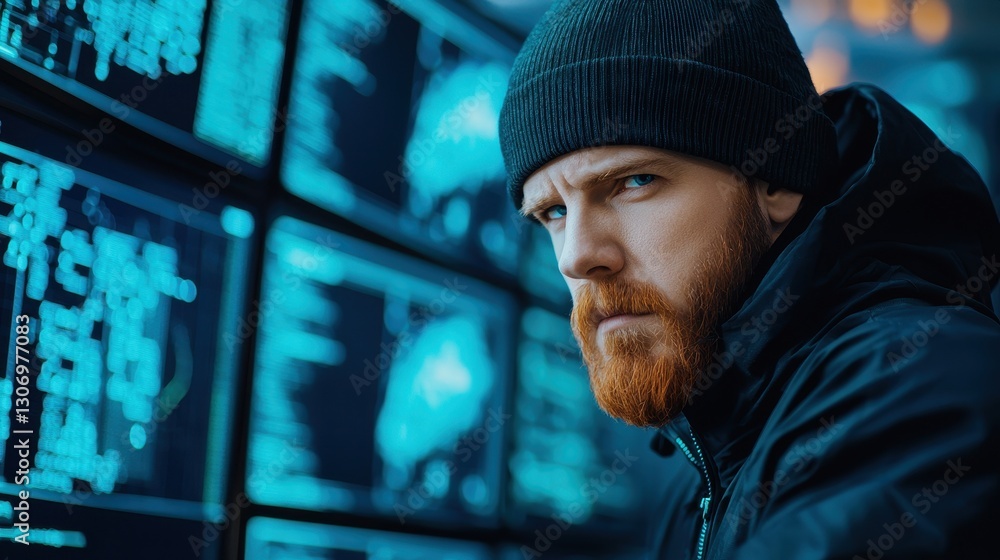 Aufkleber intense male analyst with beard and beanie working on digital technology in modern high-tech environ