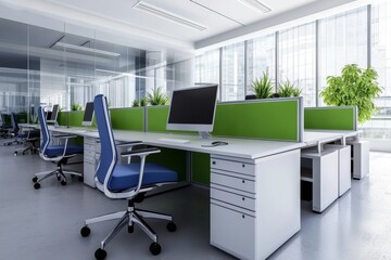 A Modern office interior with green dividers, desks, and plants, creating vibrant workspace. design promotes productivity and comfort in bright environment