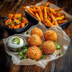 Crispy Cheese Balls with Spicy Dipping Sauce and Sides of Fries and Roasted Sweet Potatoes