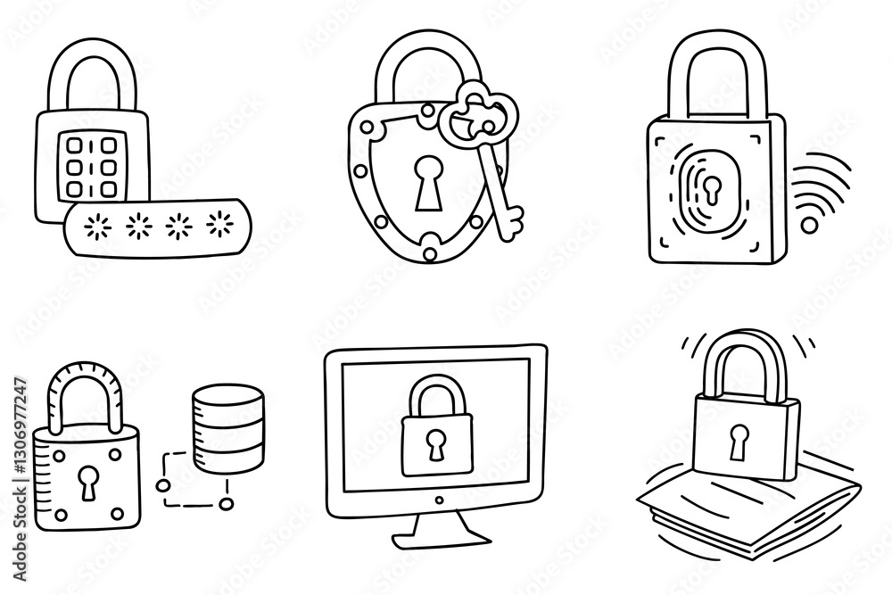 Poster digital illustrations of various padlocks and security concepts for data protection.
