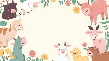 Fototapeta premium A colorful tapestry of farm friends, creating a charming and inviting border. Ideal for adding a touch of whimsy to any space.