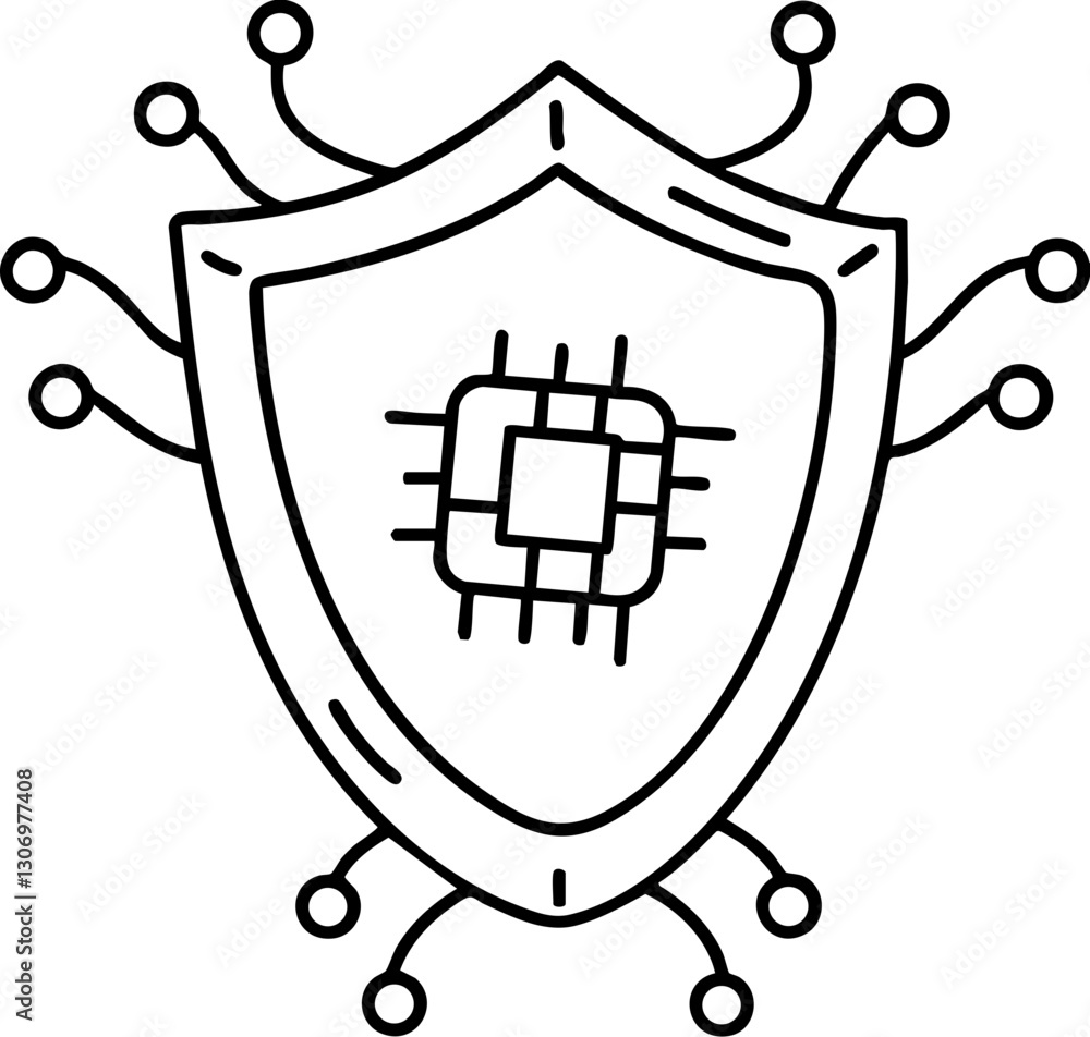 Poster shield with a microchip design, symbolizing cybersecurity and protection.