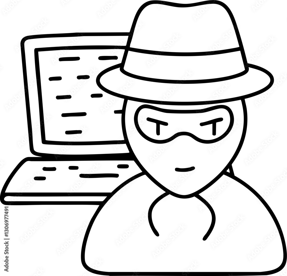 Poster person wearing a mask and hat in front of a computer, suggesting hacking or online anonymity.