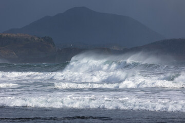 Pacific Ocean coast, rocks and waves. Kunashir. South Kurils