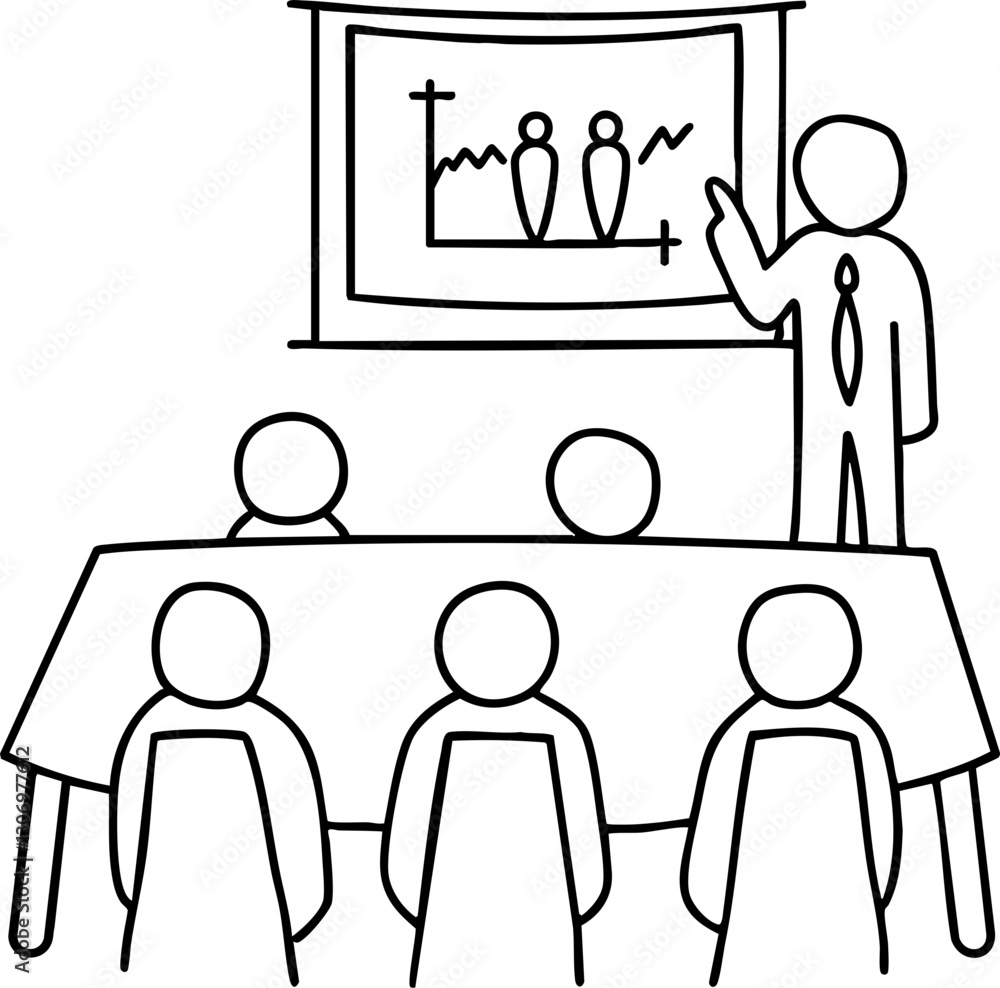 Poster meeting room scene with a presenter and audience viewing a graph on a screen.