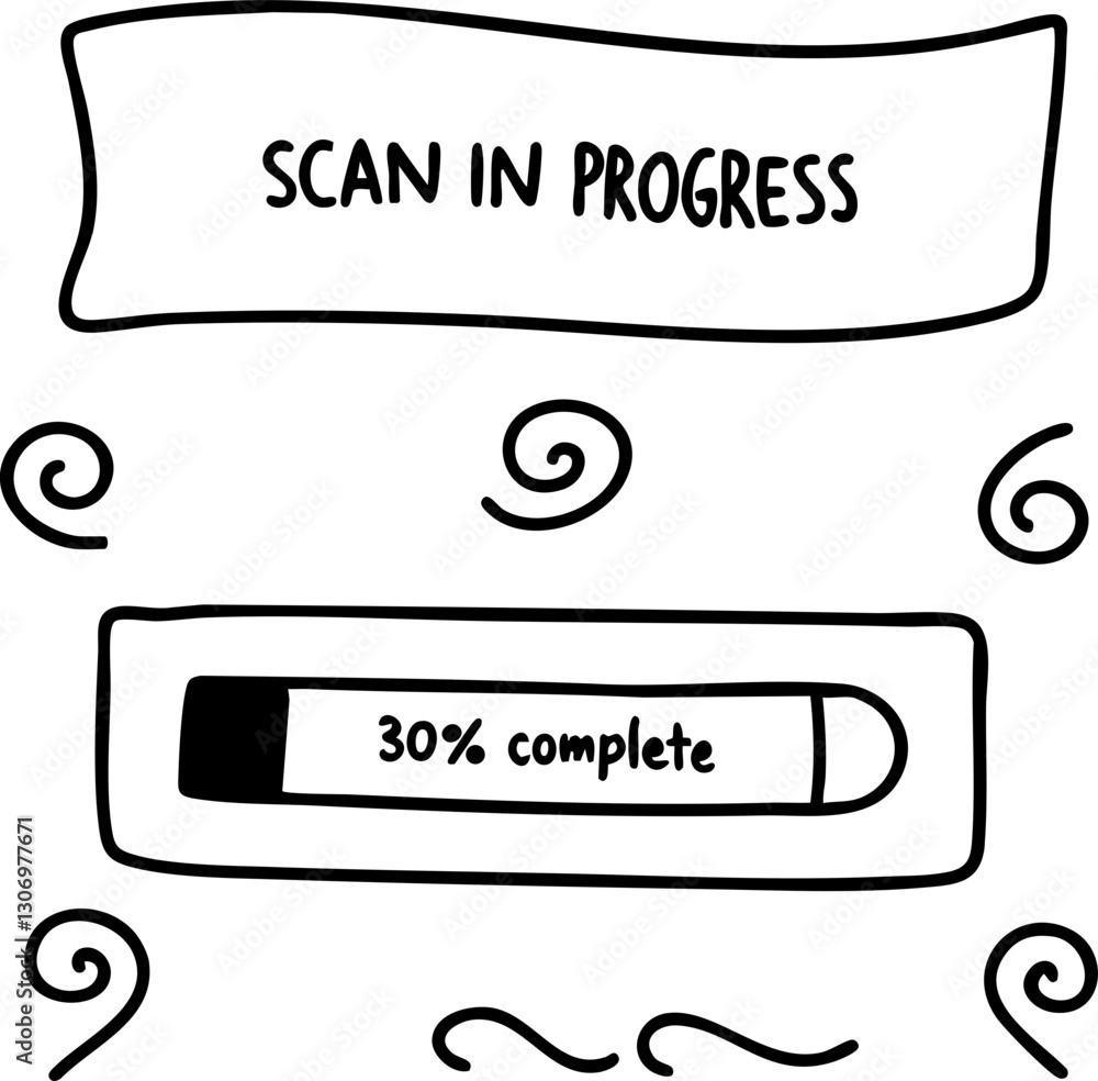 Aufkleber scan progress illustration showing 30% completion with swirling decorative elements.