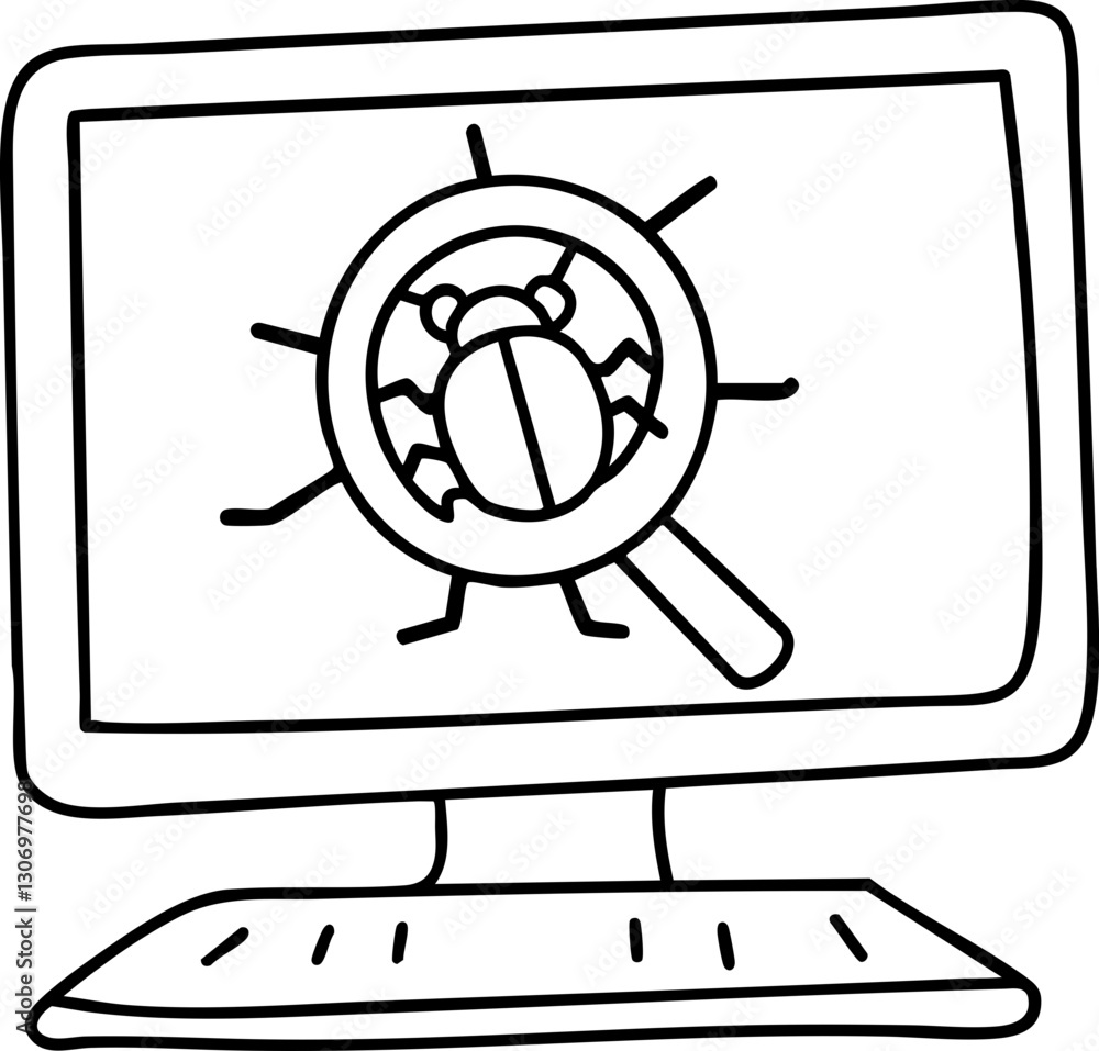 Poster illustration of a computer screen displaying a magnifying glass over a bug.
