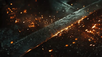 Metal forging with sparks in dark workshop