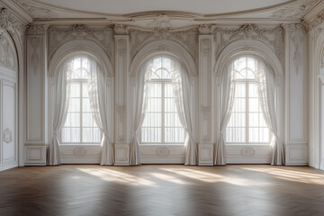 Obraz premium Luxurious Classical Room With Large Windows and Elegant Wooden Floor