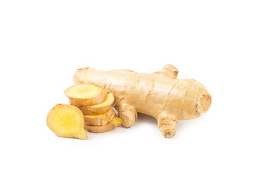 Fresh ginger and lemon isolated on white background. Sliced ​​ginger. Ginger root. Traditional alternative medicine, healing tea for immunity. Close-up.
