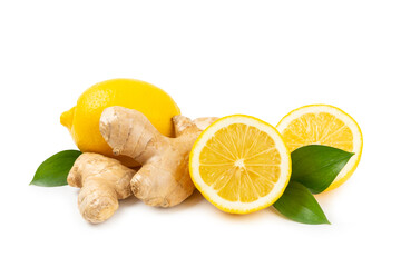 Fresh ginger and lemon isolated on white background. Sliced ​​ginger. Ginger root. Traditional...