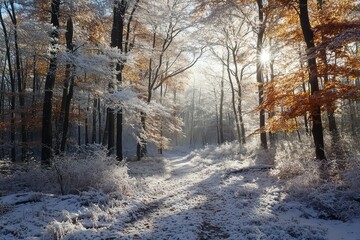 Obraz premium A breathtaking morning hike through a frost-covered autumn forest, the air crisp and pure.