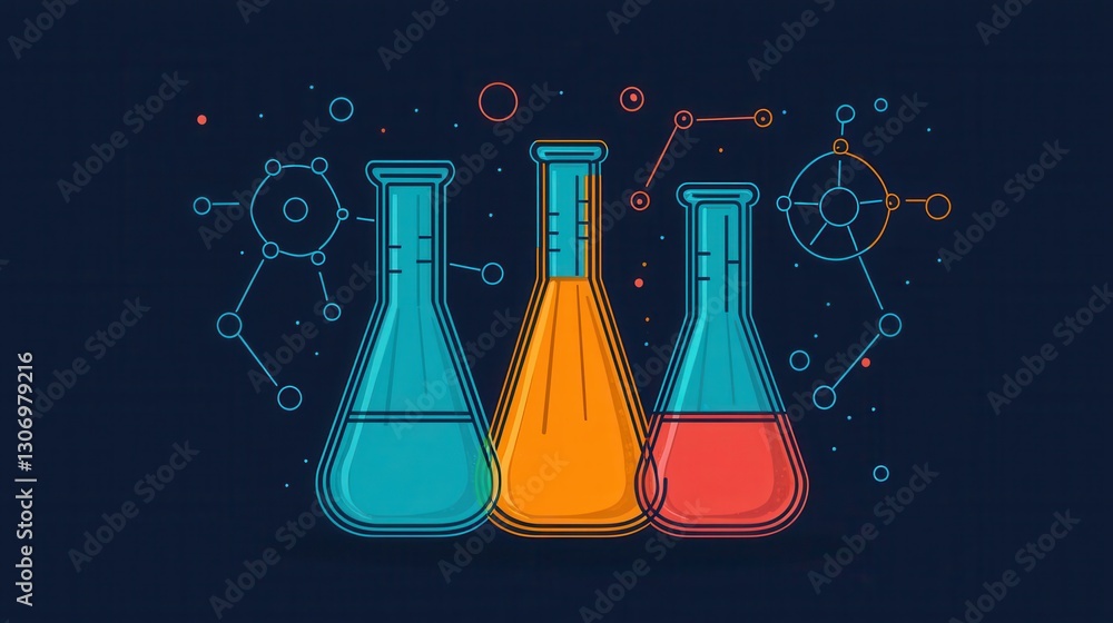 Poster colorful laboratory beakers with chemical structures and abstract background for science and researc