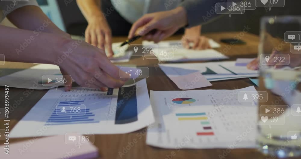 Poster organizing charts and graphs on table with animation of social media icons