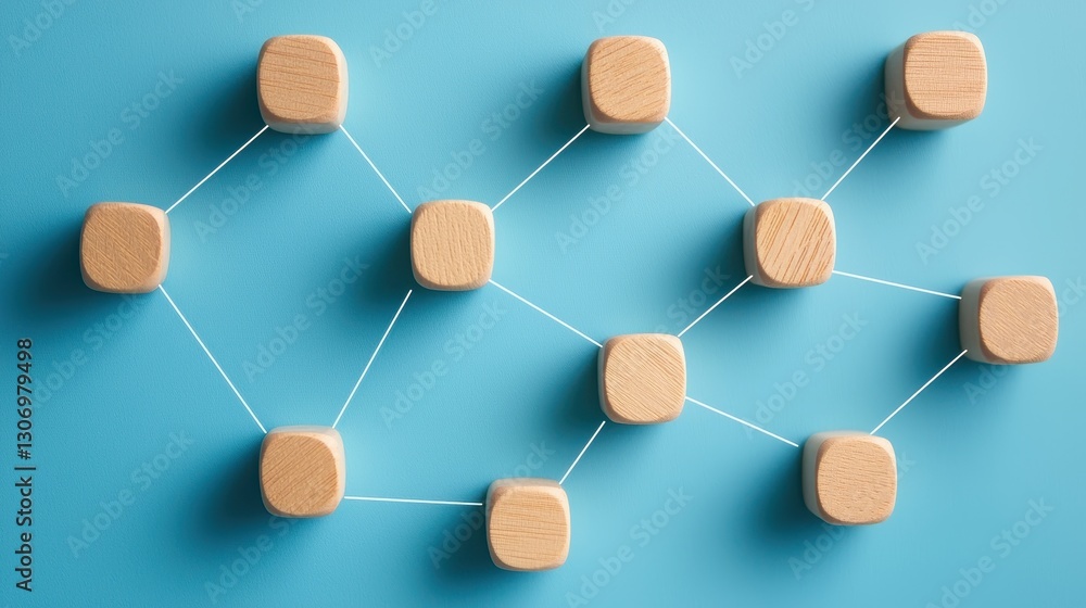 Aufkleber wooden blocks connected with strings on blue background representing network and relationship concep
