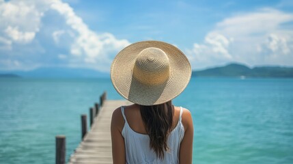 Fototapeta premium A woman wearing a straw hat with a wide brim, standing on a pier with a picturesque sea view stretching out in front of her.