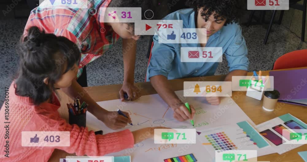 Poster collaborating on project, diverse group in school with animation overlay notifications