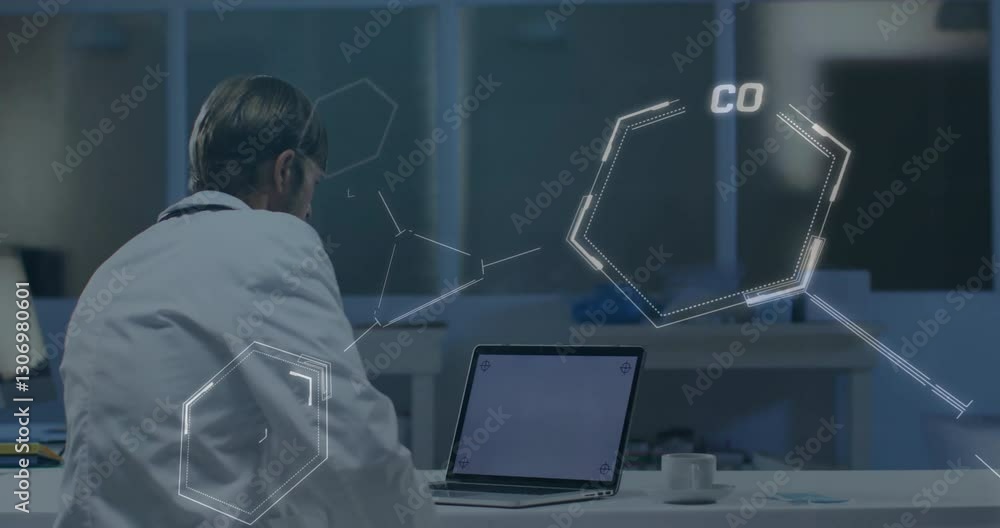 Poster scientist working at desk with chemical structure animation over computer screen