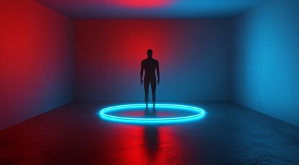 Obraz premium 3D rendering of a futuristic, empty virtual room with a neon light ring on the floor and walls. Glowing blue and red background for product presentation. Vector illustration