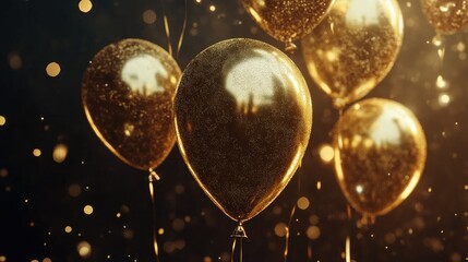 Golden balloons rising against a luxurious black and gold sparkling background.