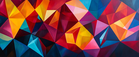 Fototapeta premium Abstract painting with vibrant red, orange, pink, and blue triangular facets creating a dynamic, jewel-like effect, showcasing energy and visual depth