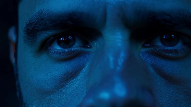 Extreme close-up, cool moonlight static video of a man with mysterious dark eyes, he opens them slowly and looks directly into the camera, a sense of intrigue and secrecy