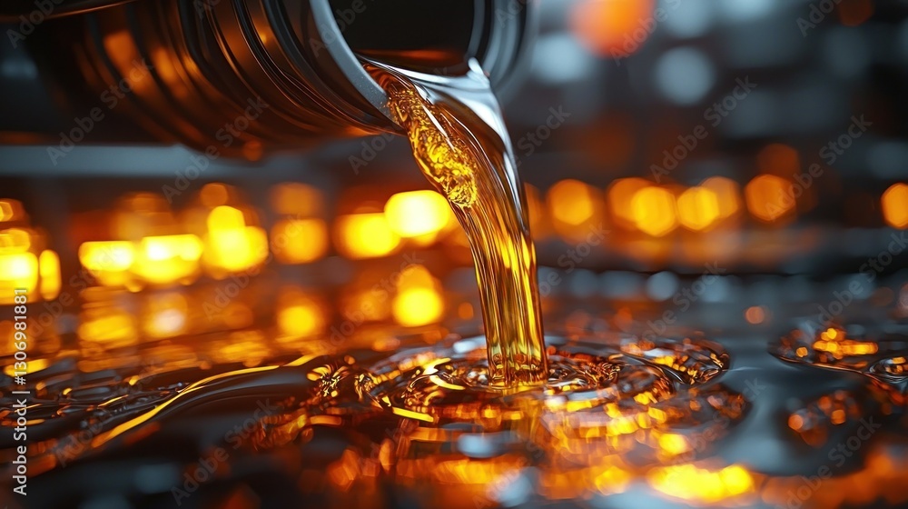 Poster golden liquid streams from a metallic container into a puddle