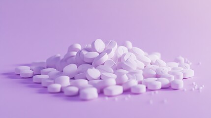 A pile of small white pills on a soft purple background, neat and calming, ultra-detailed, 4k