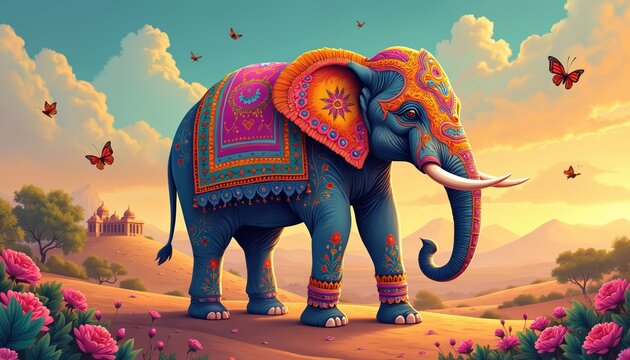 Decorated elephant with rajasthani colorful traditional patterns. Indian art illustration with animal walking outdoor surrounded by flowers, butterflies. Travel to asia, exotic culture wallpaper for