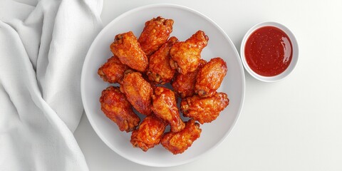 Realistic 3D Mockup of a Plate of Fried Chicken Wings with Hot Sauce on the Side, on a White Tablecloth