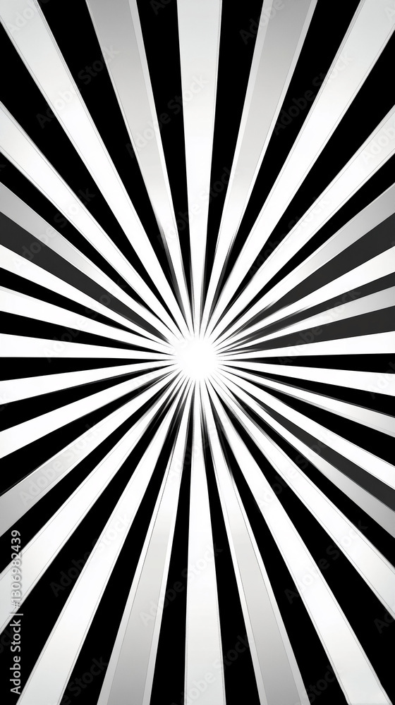 Poster Abstract black and white radiating lines converging at center, creating depth and dynamic visual effect, suitable for background or design element
